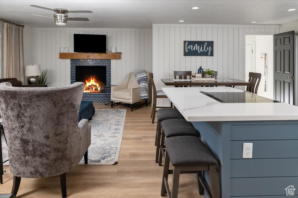 Living room with light hardwood / wood-style flooring, ceiling fan, and a fireplace