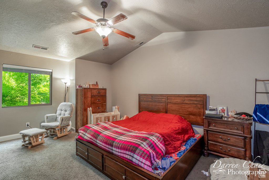 Bedroom featuring vaulted ceiling, carpet floors, ceiling fan, and a textured ceiling