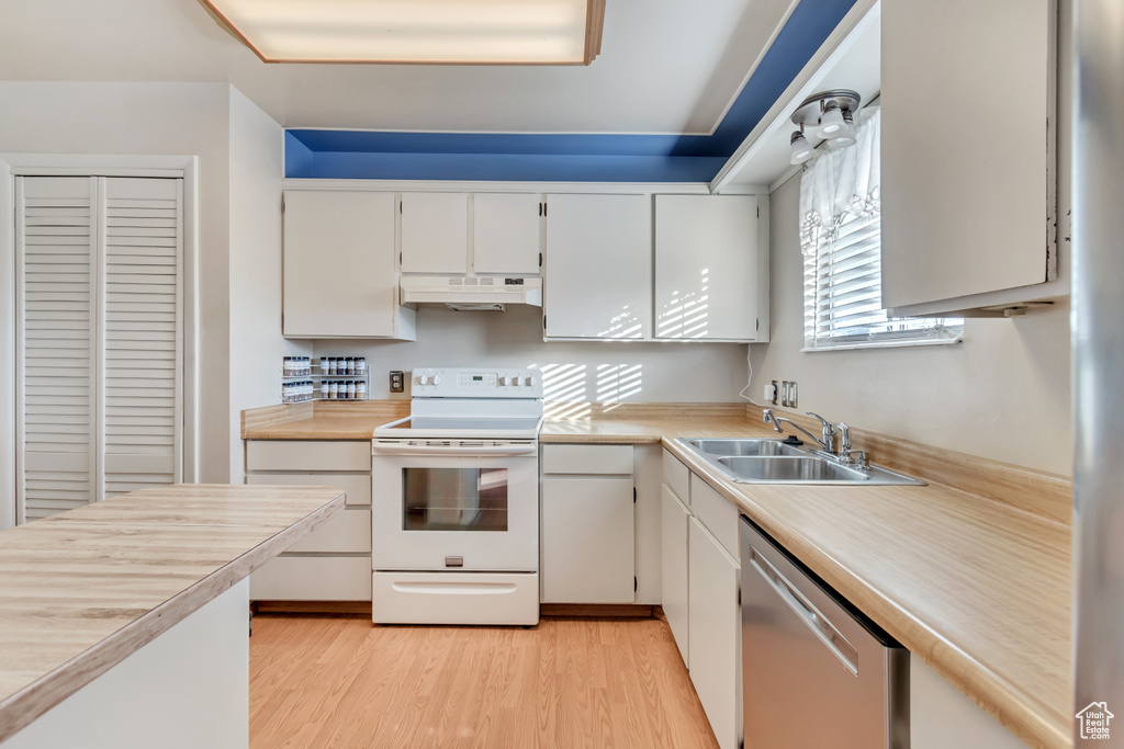 Kitchen featuring light wood-type flooring, custom range hood, sink, electric stove, and dishwasher