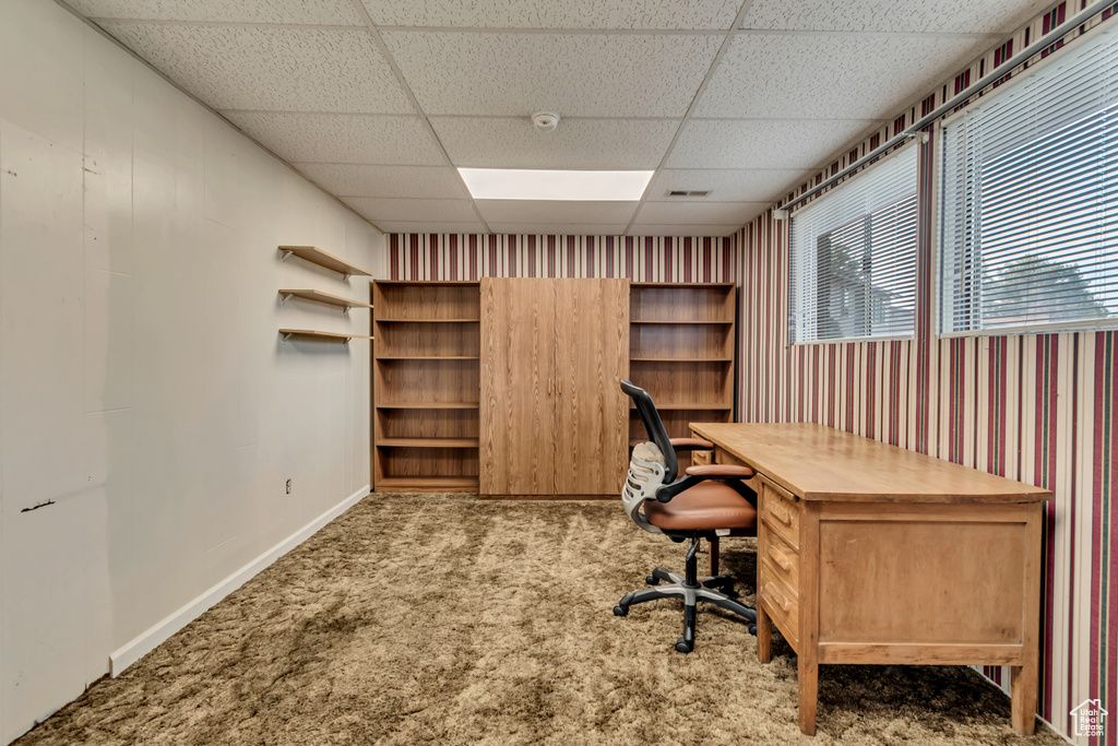 Office area with a paneled ceiling and carpet floors