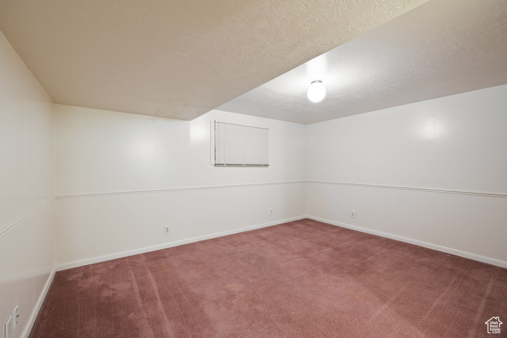 Basement featuring carpet floors and a textured ceiling