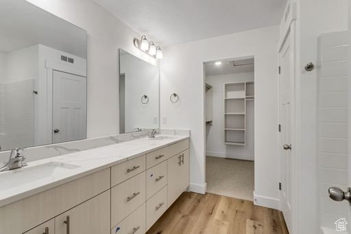 Bathroom with vanity with extensive cabinet space, double sink, and hardwood / wood-style floors