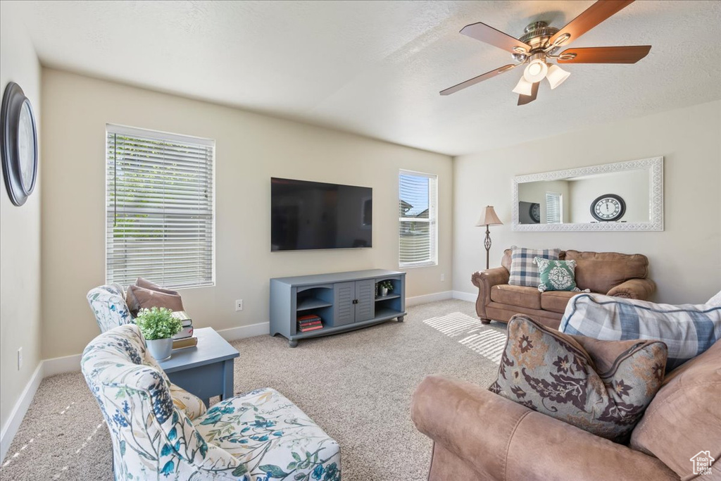 Living room featuring a wealth of natural light, ceiling fan, and carpet floors