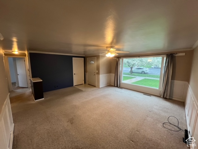 Interior space with carpet floors, ceiling fan, and crown molding