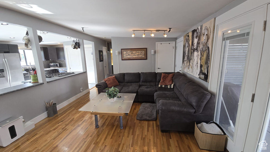 Living room featuring rail lighting and light hardwood / wood-style flooring