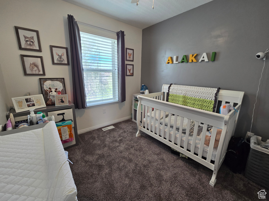 Bedroom featuring multiple windows, a nursery area, and dark colored carpet