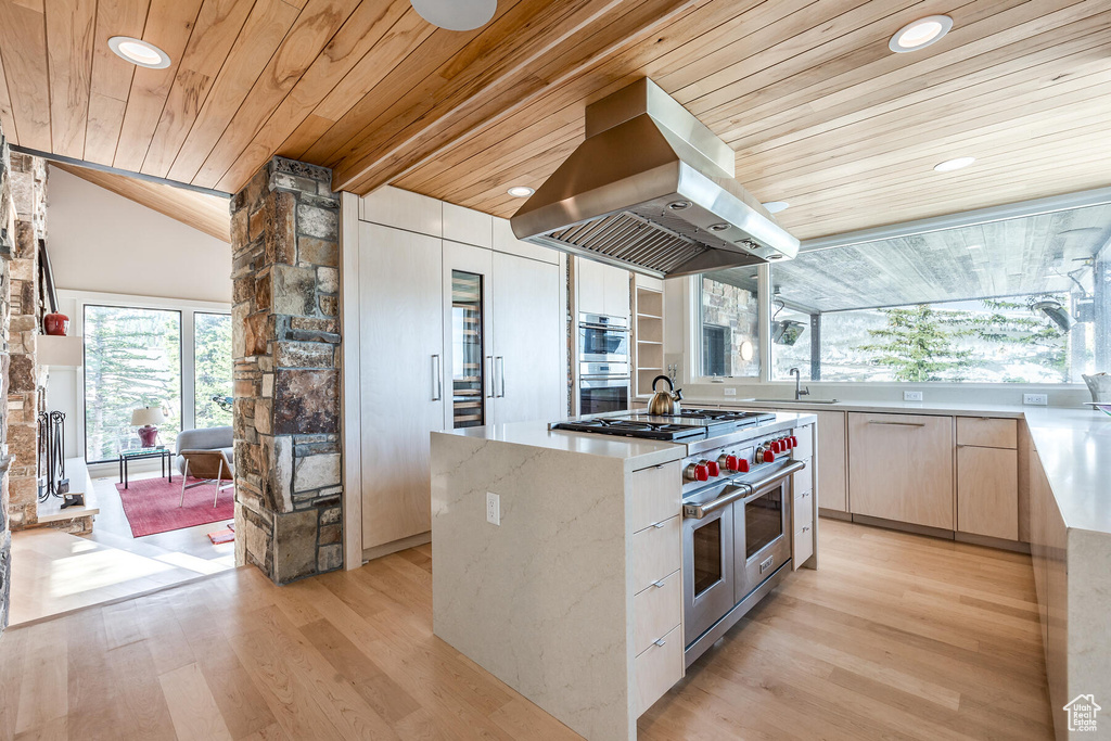 Kitchen featuring appliances with stainless steel finishes, island exhaust hood, light hardwood / wood-style flooring, and wood ceiling