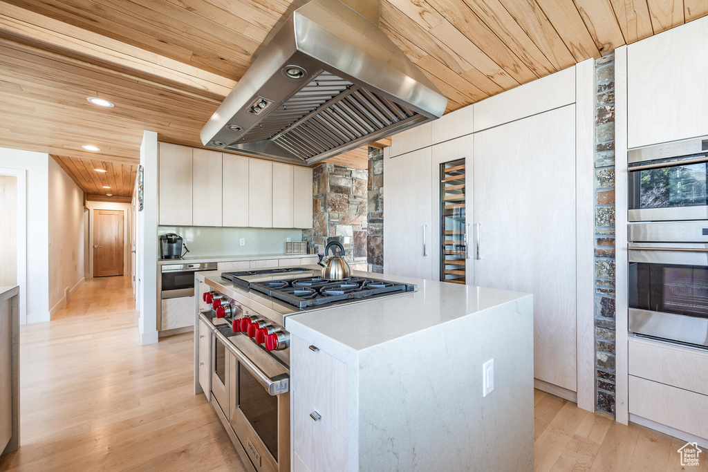 Kitchen featuring light wood-type flooring, white cabinetry, island range hood, wood ceiling, and stainless steel appliances