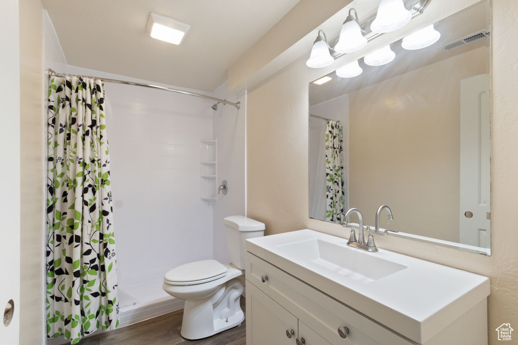 Bathroom featuring hardwood / wood-style floors, vanity, toilet, and a shower with shower curtain