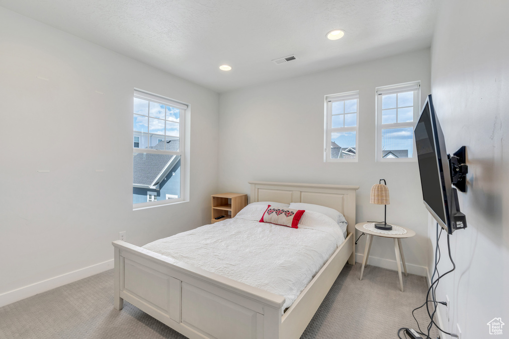 Bedroom featuring multiple windows and carpet floors