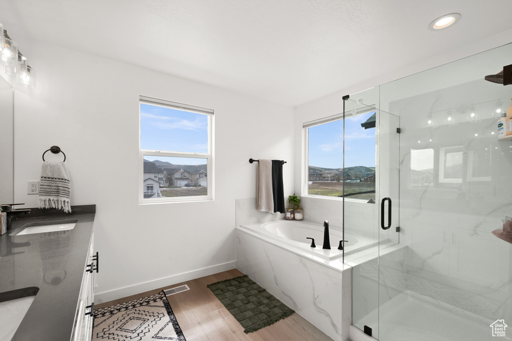Bathroom with a healthy amount of sunlight, wood-type flooring, independent shower and bath, and vanity