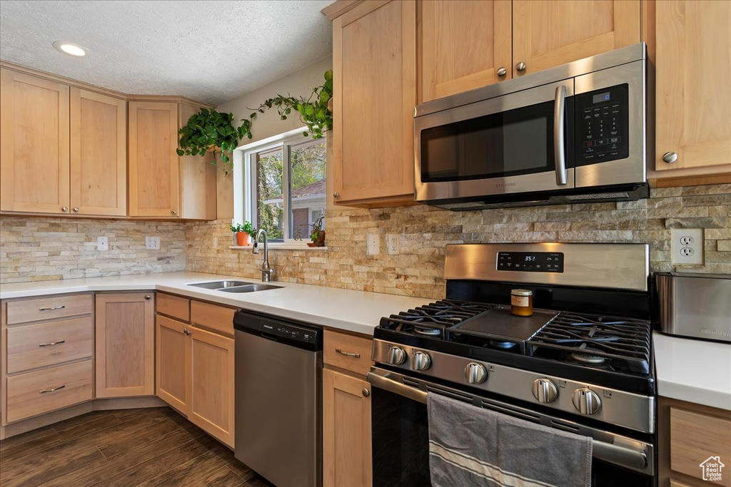 Kitchen featuring sink, backsplash, stainless steel appliances, and dark hardwood / wood-style floors