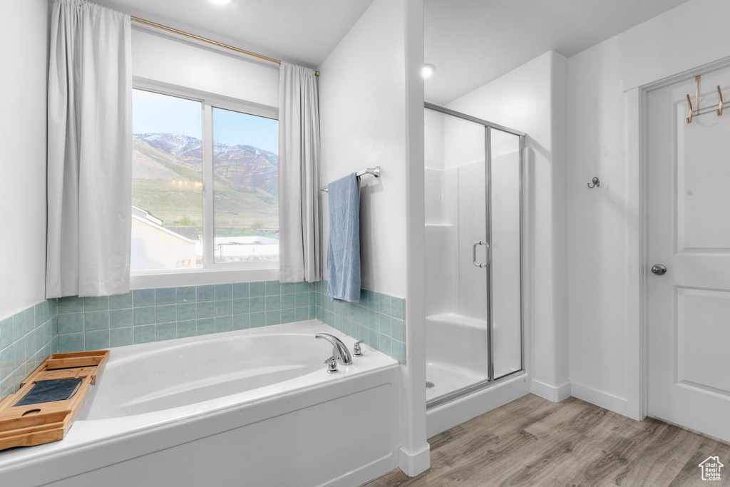 Bathroom with a wealth of natural light, hardwood / wood-style floors, and plus walk in shower