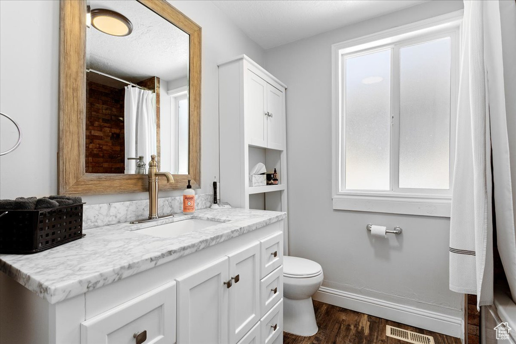 Bathroom featuring a healthy amount of sunlight, vanity, hardwood / wood-style flooring, and toilet