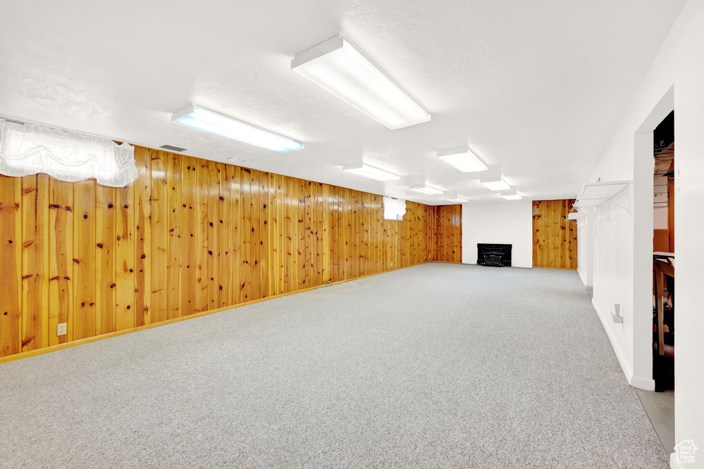 Basement featuring wooden walls, carpet floors, and a fireplace