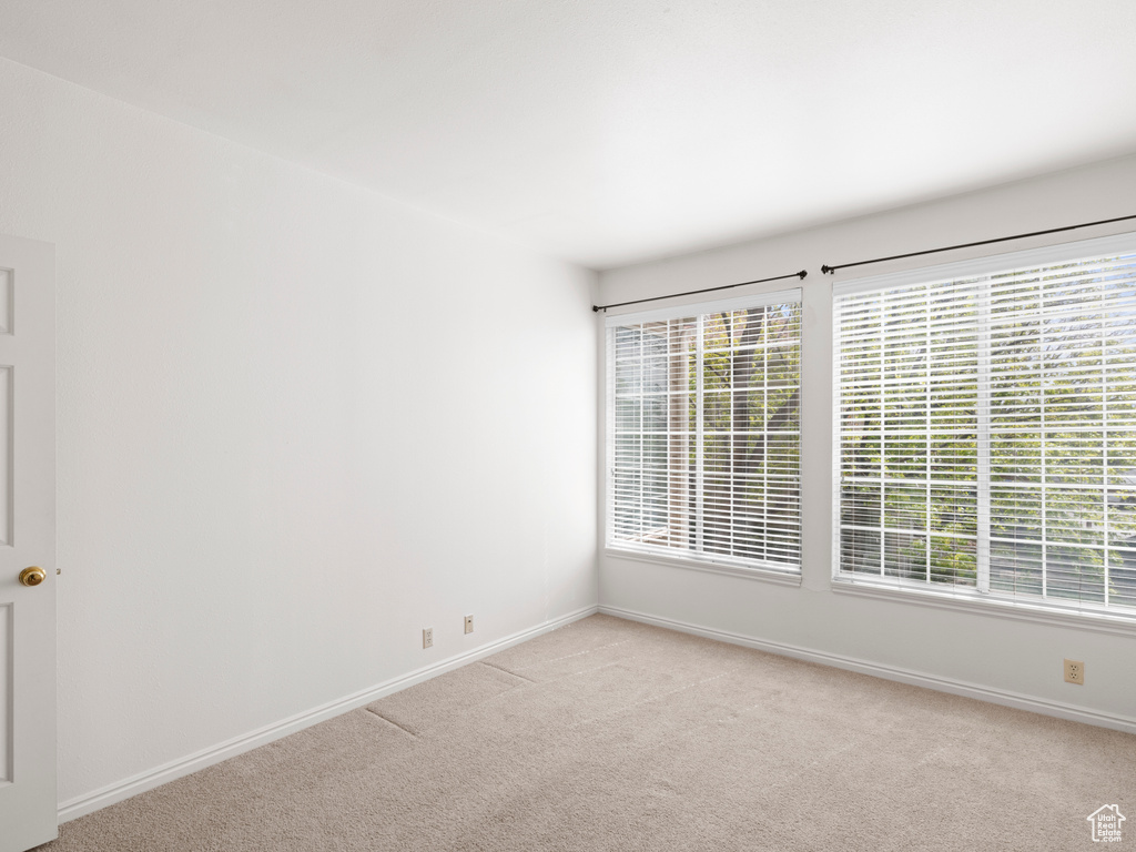 Unfurnished room featuring plenty of natural light and light carpet