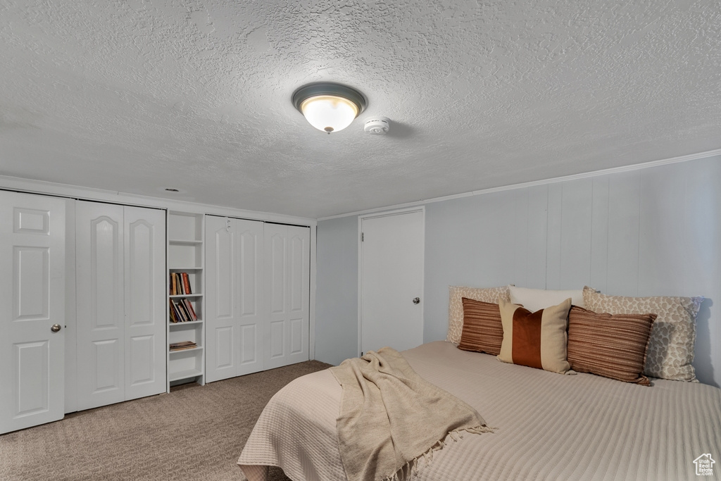 Carpeted bedroom with two closets and a textured ceiling
