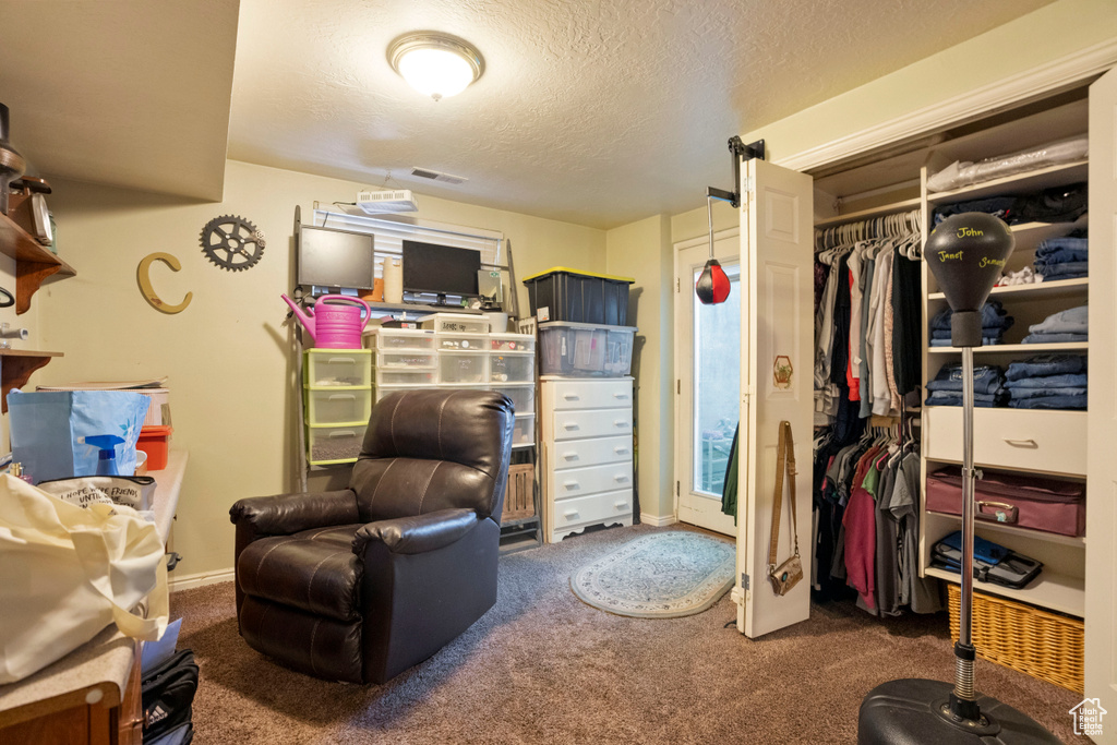 Carpeted bedroom featuring a closet and a textured ceiling