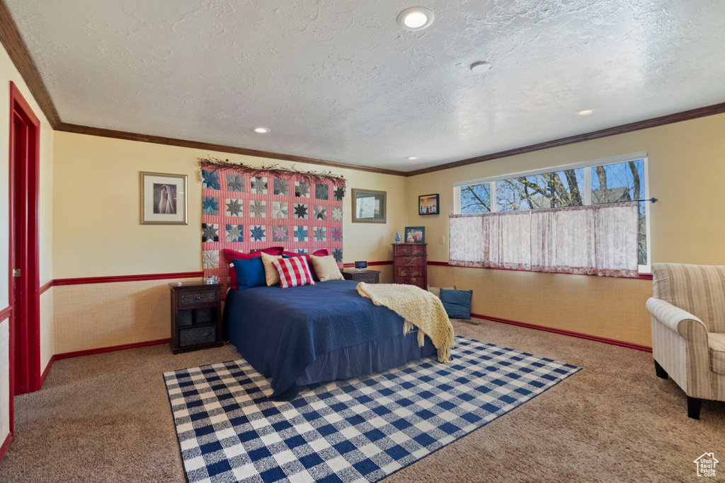 Carpeted bedroom with a textured ceiling and ornamental molding
