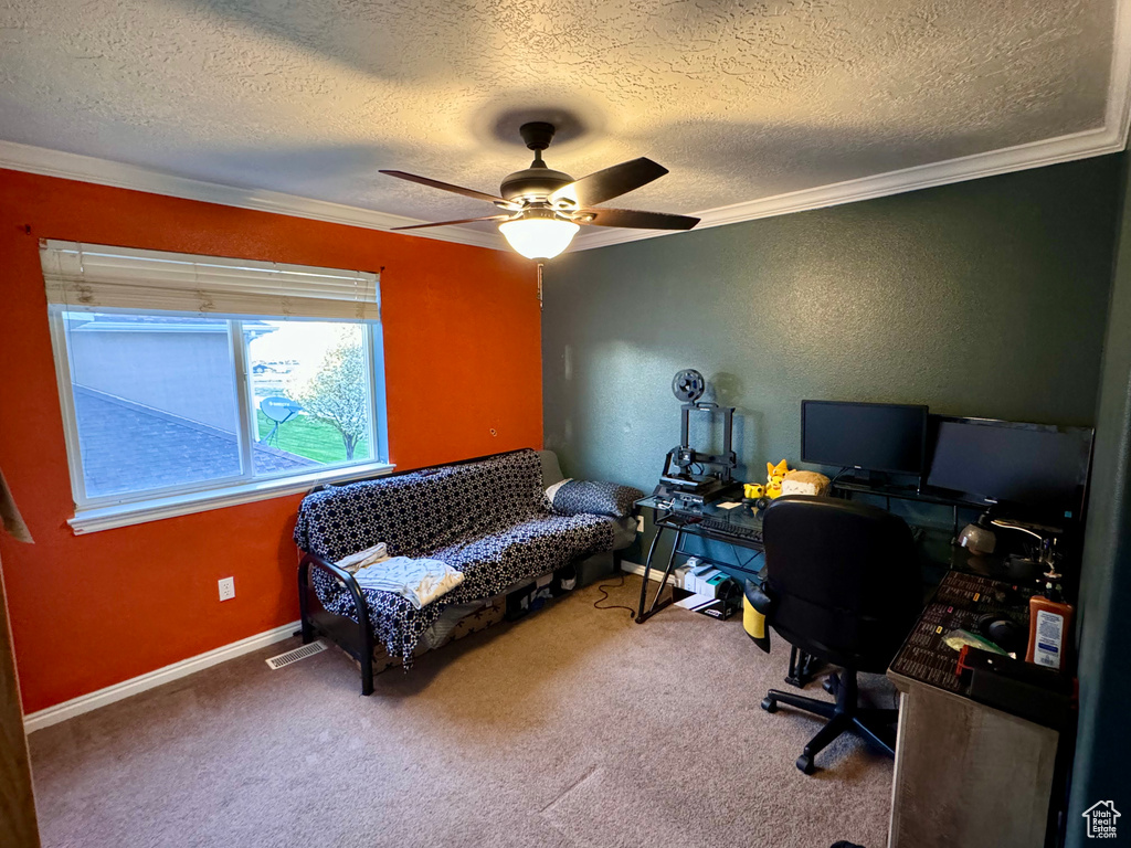 Home office featuring carpet flooring, crown molding, ceiling fan, and a textured ceiling