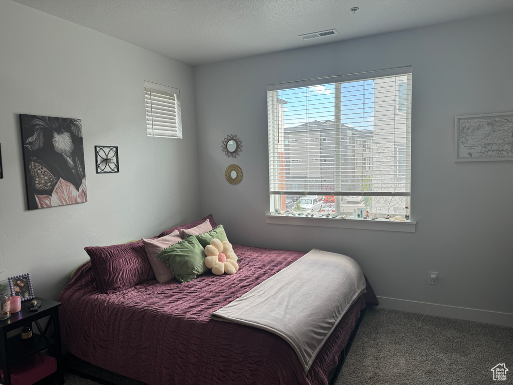 Bedroom with dark carpet and multiple windows