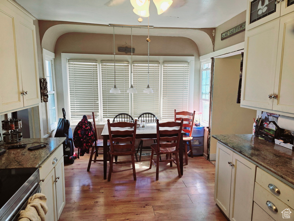 Dining room with hardwood / wood-style floors and ceiling fan