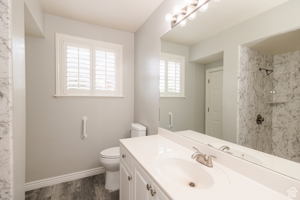Bathroom featuring oversized vanity, toilet, and hardwood / wood-style flooring