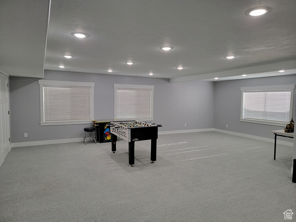 Rec room featuring light carpet