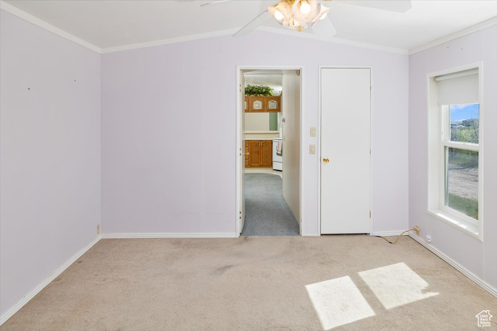Empty room with ceiling fan, a healthy amount of sunlight, and carpet flooring