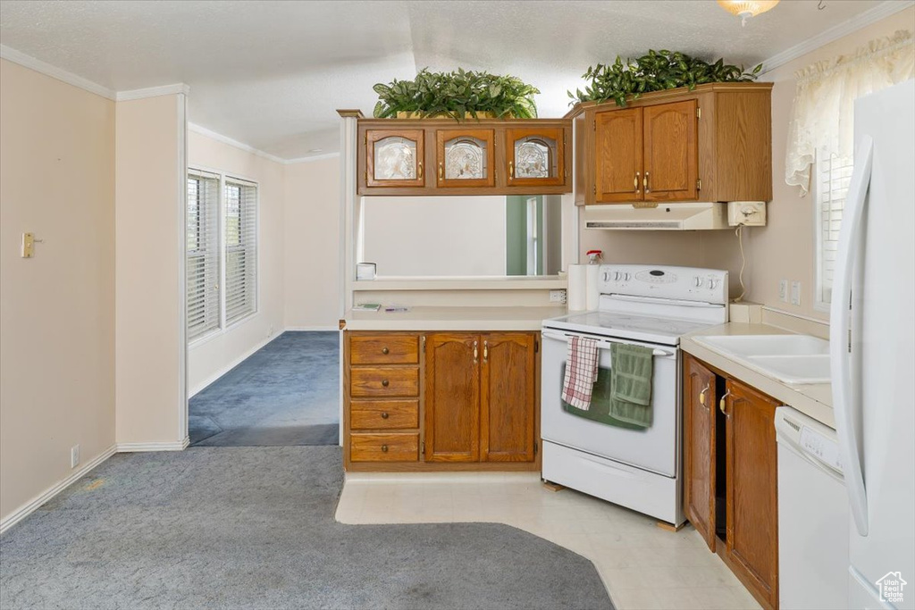 Kitchen featuring white appliances, light carpet, and crown molding