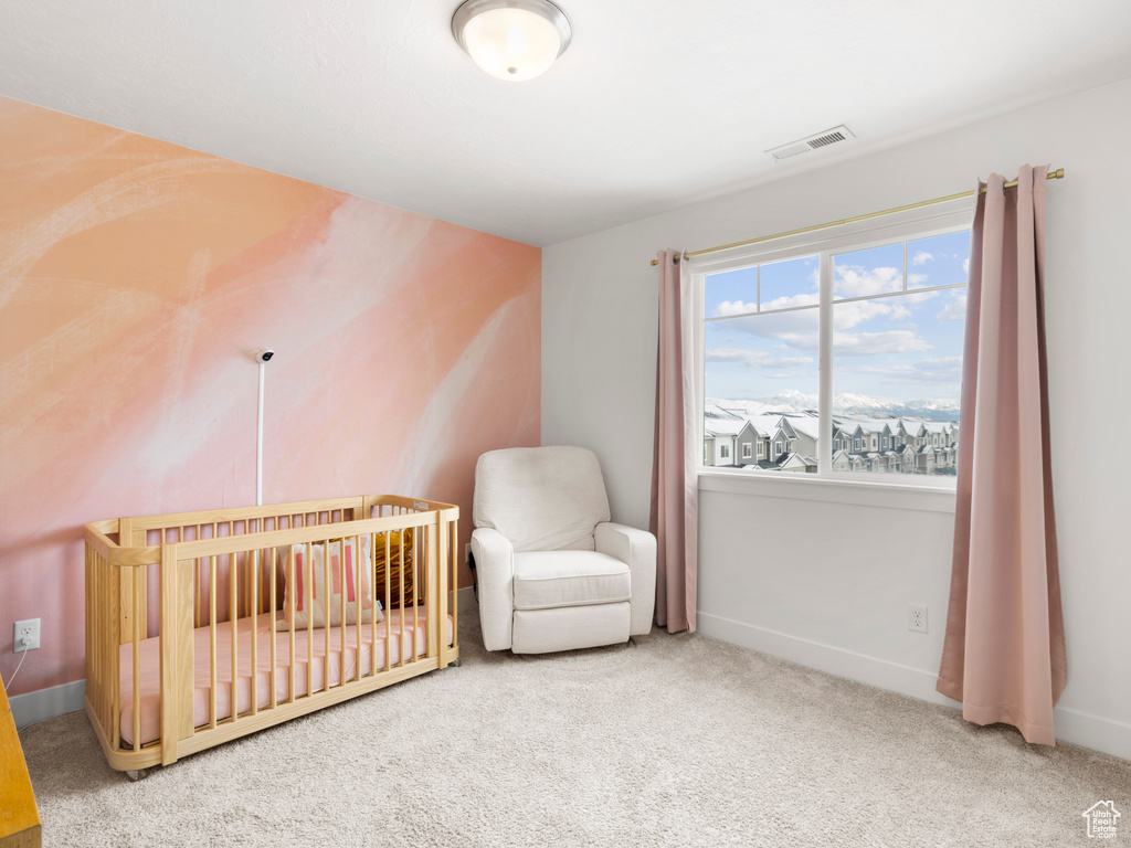 Carpeted bedroom with a crib