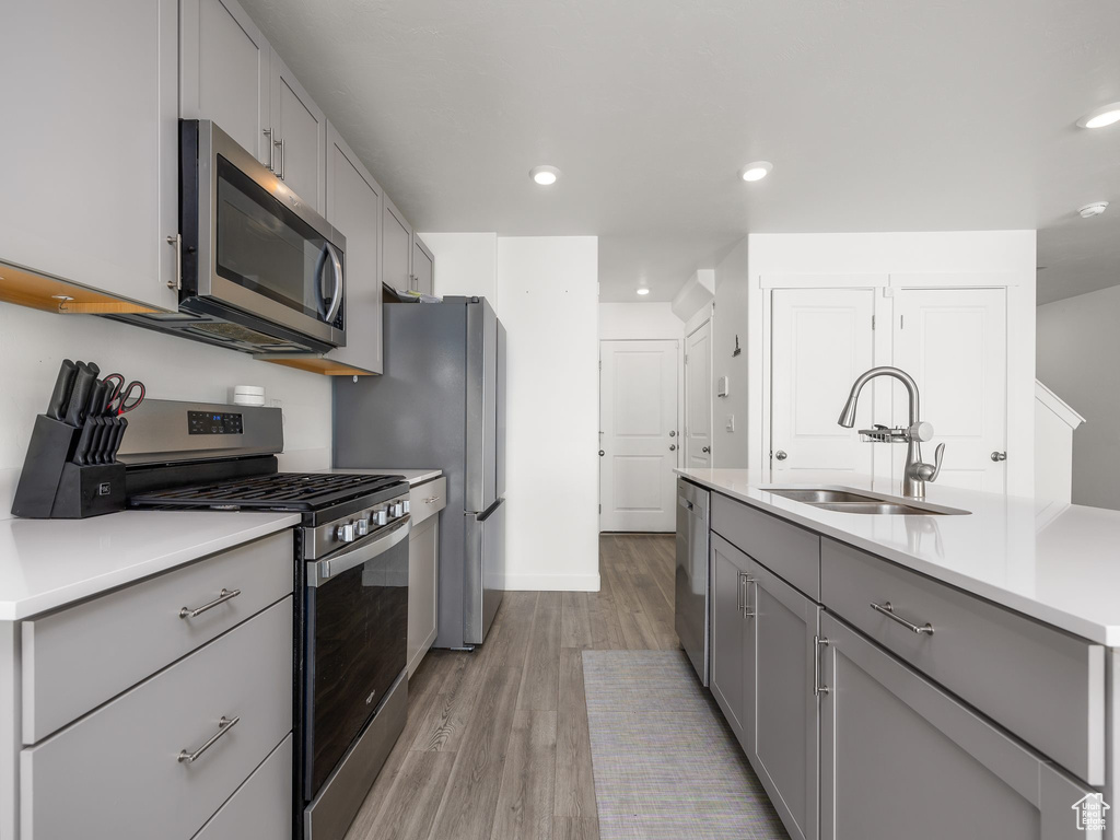 Kitchen featuring gray cabinets, sink, stainless steel appliances, and light wood-type flooring