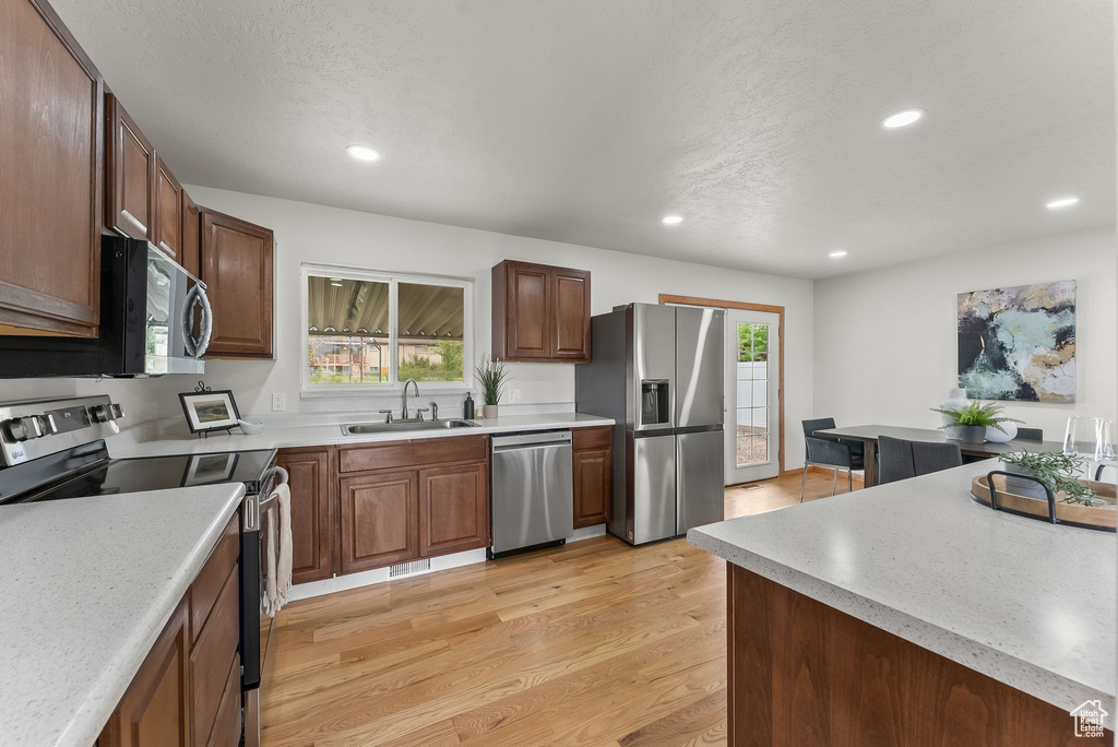 Kitchen with sink, light hardwood / wood-style floors, stainless steel appliances, and a wealth of natural light
