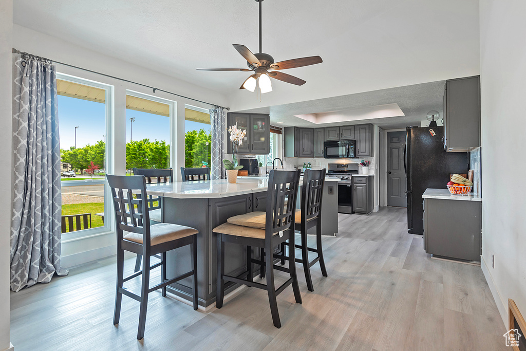 Dining area featuring light hardwood / wood-style floors, a wealth of natural light, ceiling fan, and a tray ceiling