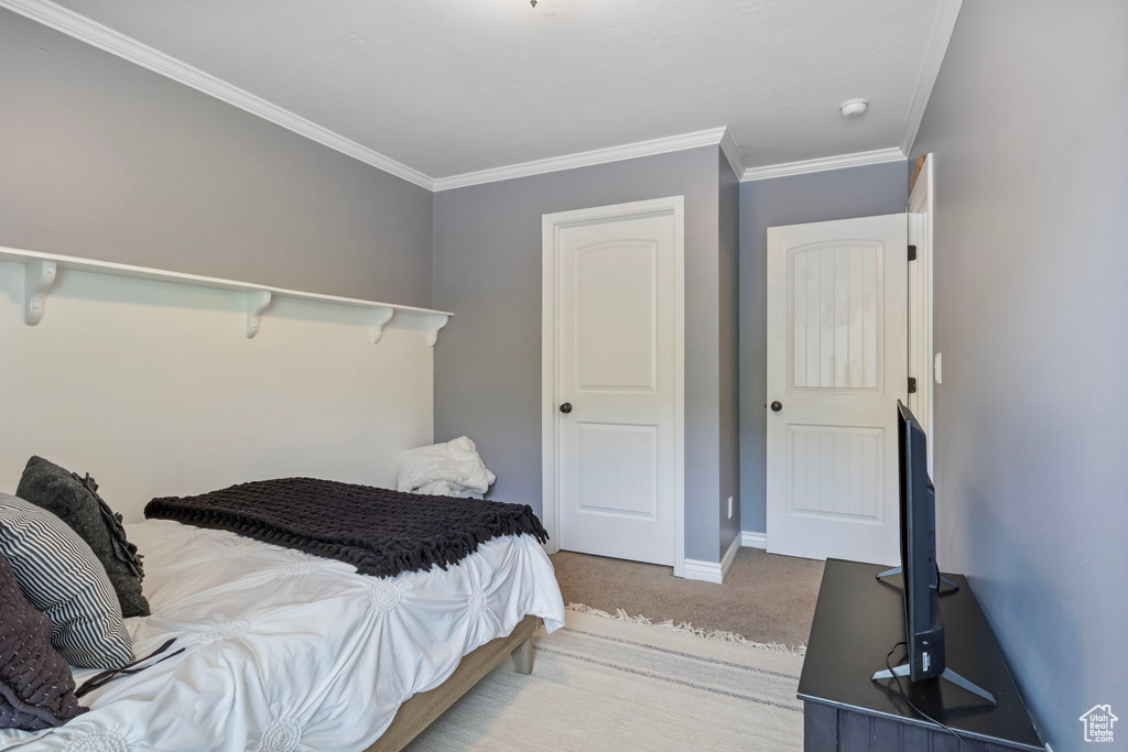 Bedroom featuring ornamental molding and carpet flooring