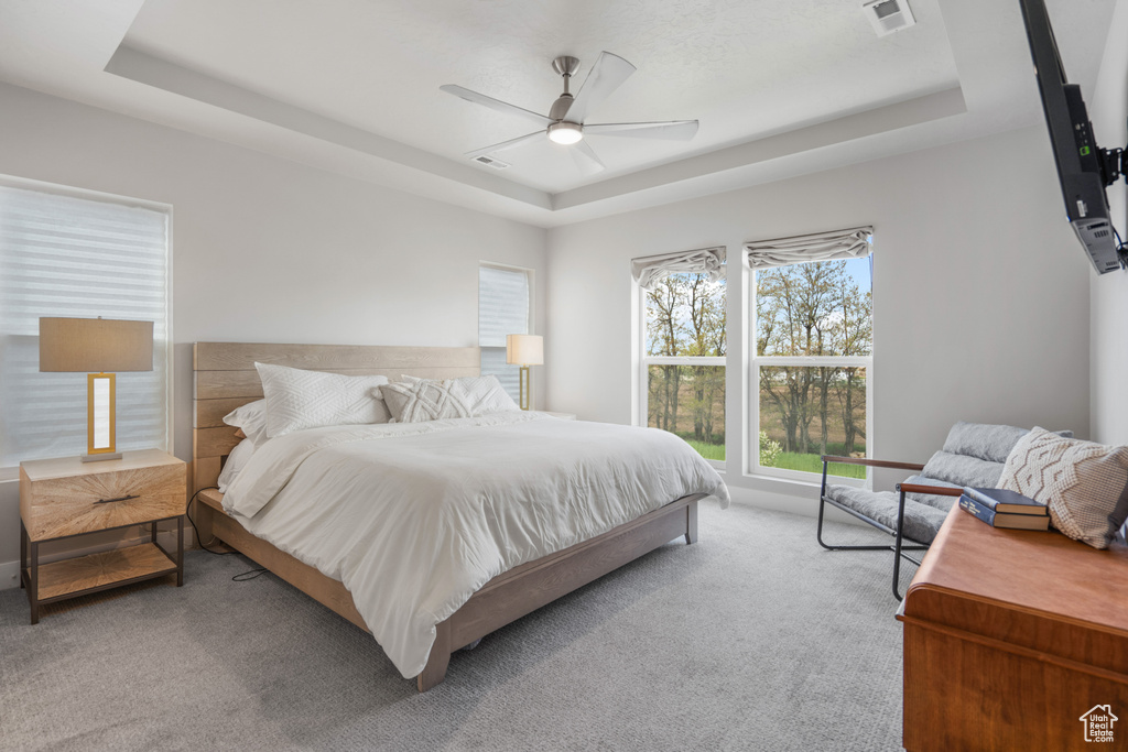 Bedroom with ceiling fan, carpet, and a tray ceiling