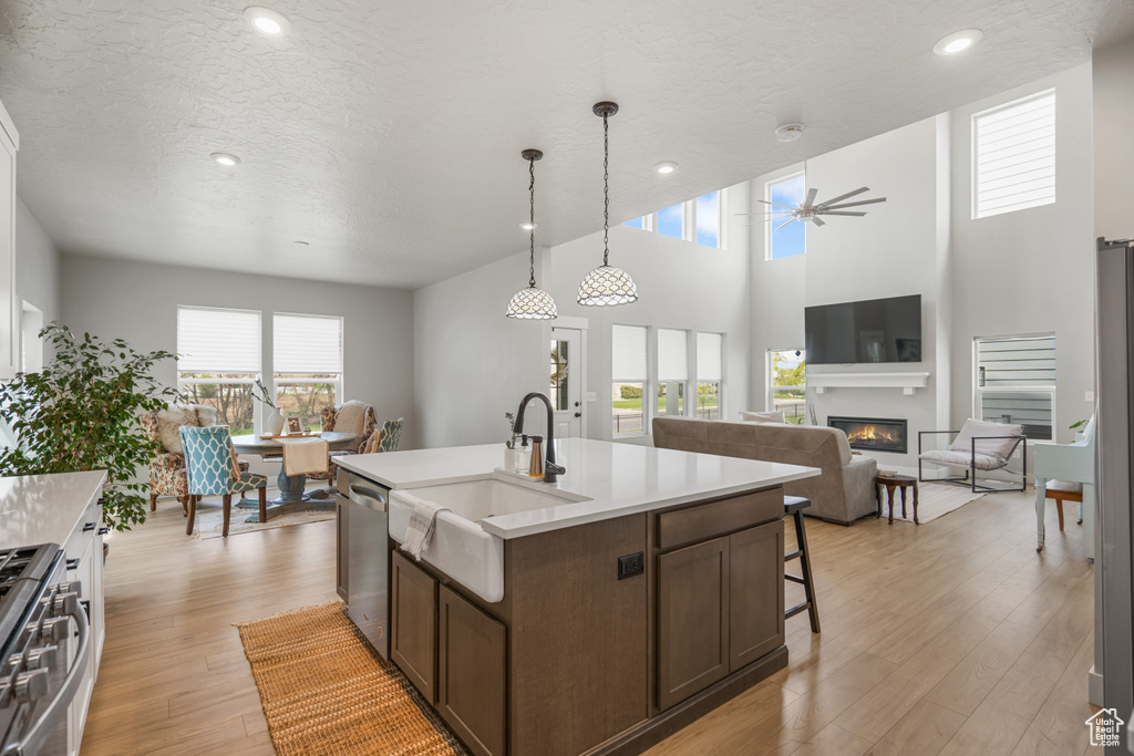 Kitchen featuring pendant lighting, a kitchen island with sink, light wood-type flooring, appliances with stainless steel finishes, and ceiling fan