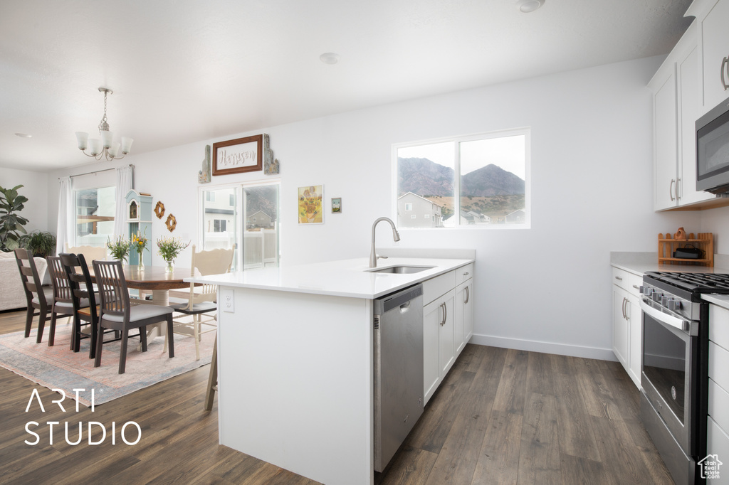 Kitchen featuring sink, stainless steel appliances, dark hardwood / wood-style flooring, and a chandelier