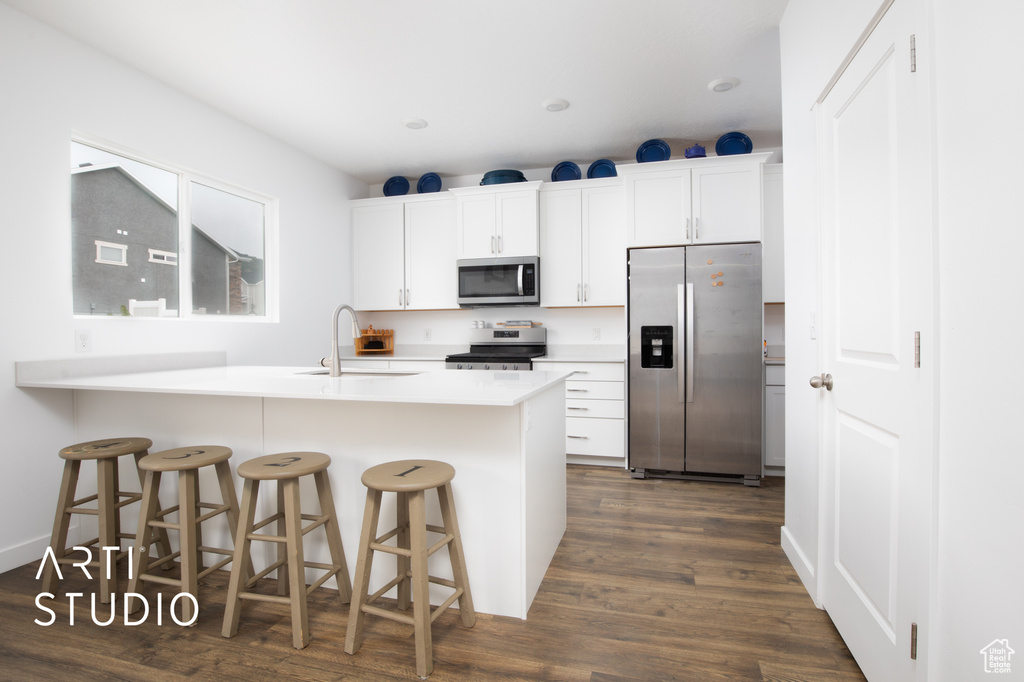 Kitchen featuring white cabinets, dark hardwood / wood-style flooring, stainless steel appliances, a kitchen bar, and sink