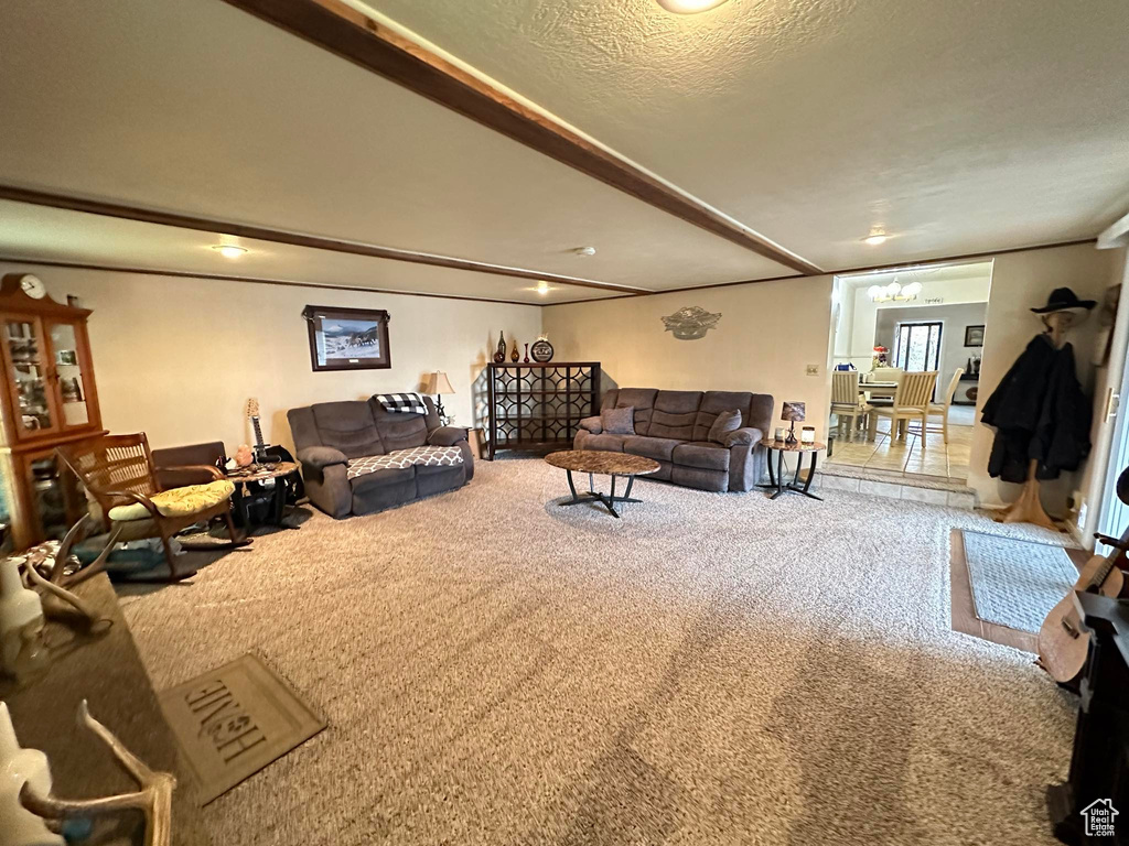 Living room featuring a textured ceiling and carpet