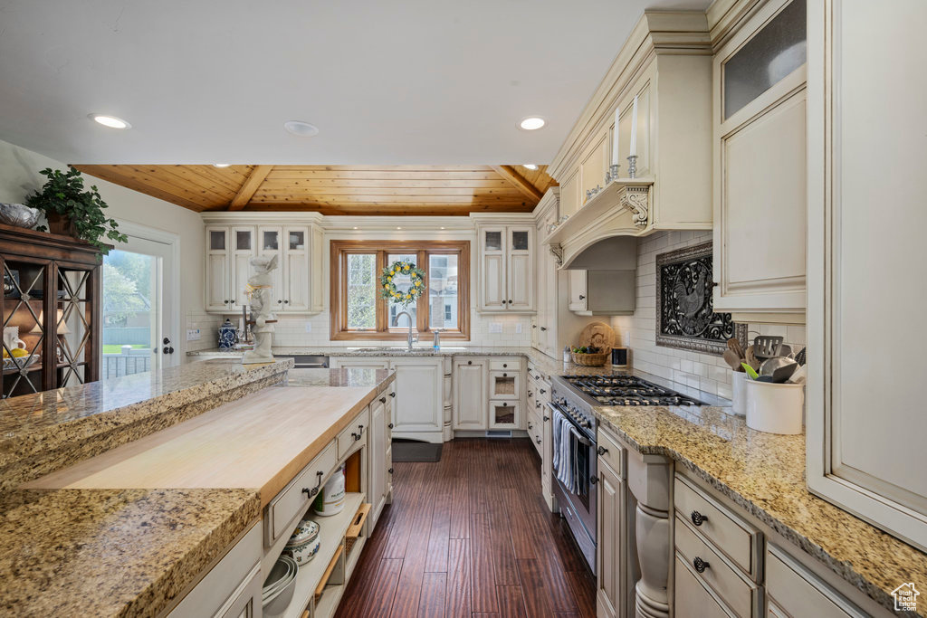 Kitchen featuring wooden ceiling, dark hardwood / wood-style floors, a wealth of natural light, and tasteful backsplash