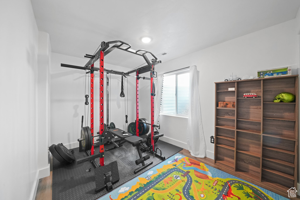 Workout room featuring wood-type flooring