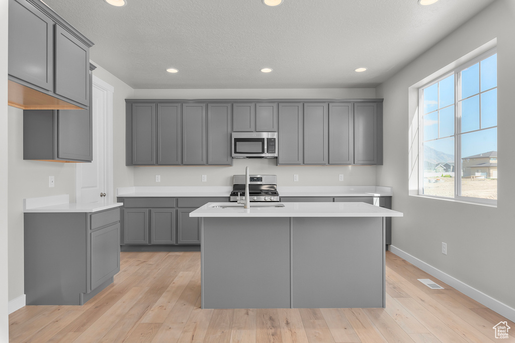 Kitchen featuring gray cabinets, light hardwood / wood-style floors, gas range, and an island with sink