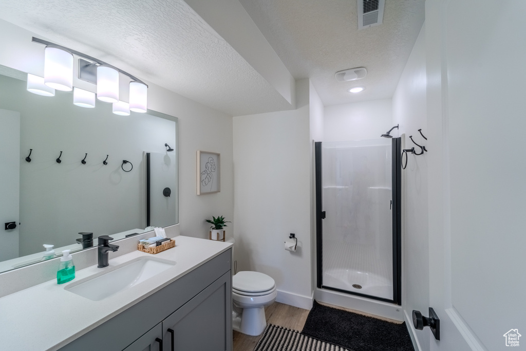 Bathroom featuring wood-type flooring, toilet, large vanity, and a textured ceiling