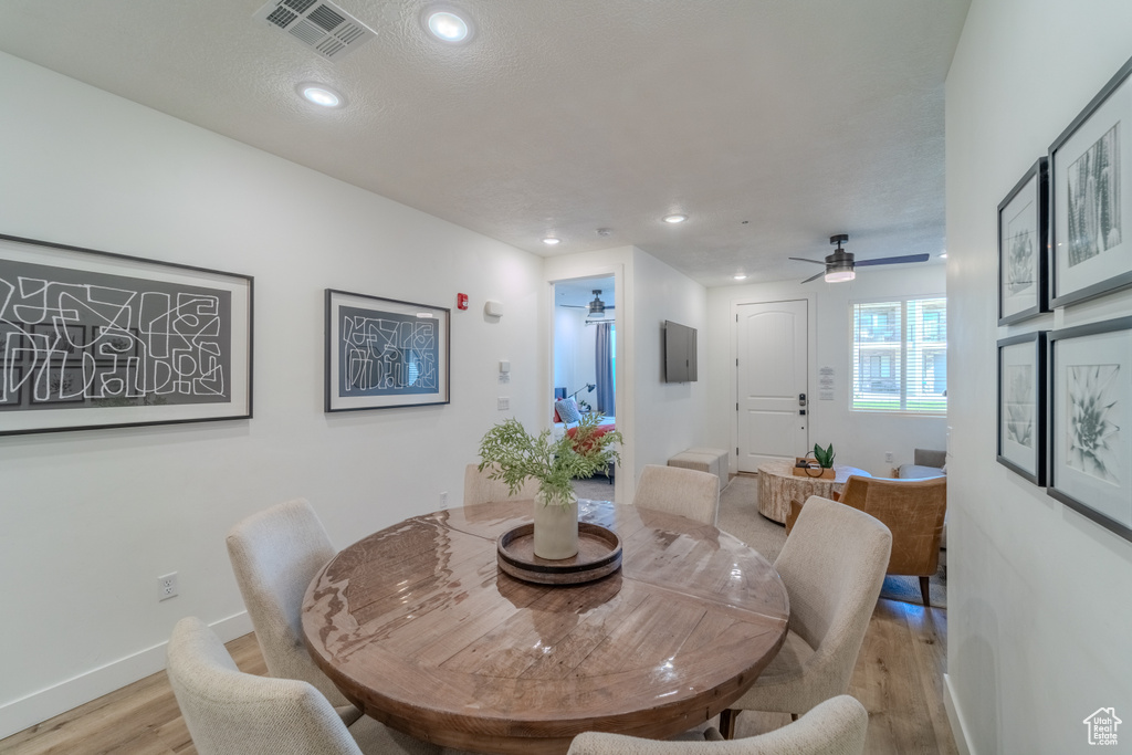 Dining room with light hardwood / wood-style flooring and ceiling fan