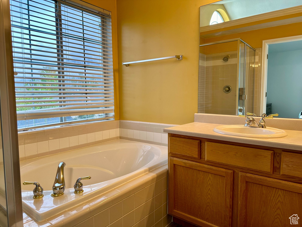 Bathroom featuring plenty of natural light, vanity, and shower with separate bathtub