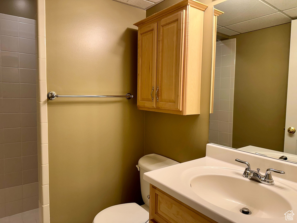 Bathroom with a drop ceiling, vanity, and toilet