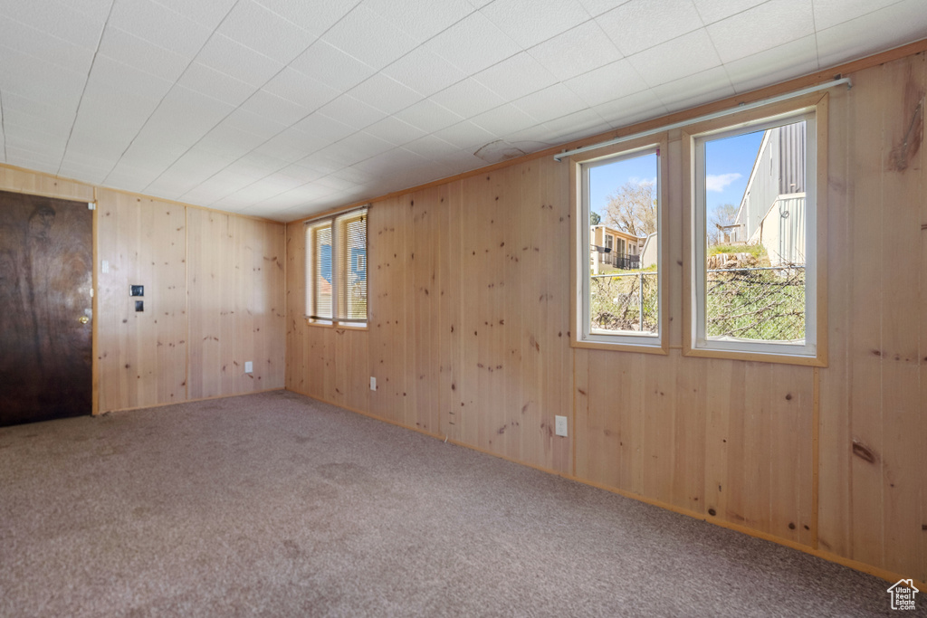 Carpeted spare room with wood walls