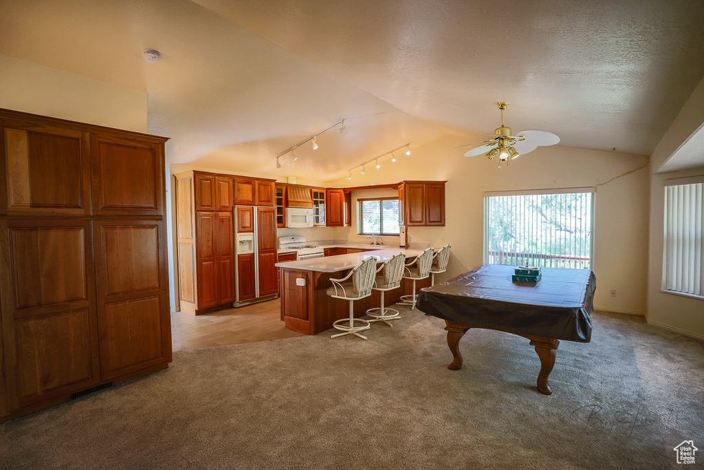 Recreation room with carpet floors, ceiling fan, vaulted ceiling, and billiards