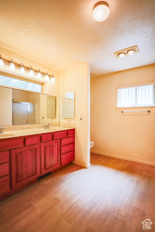 Bathroom with a textured ceiling, hardwood / wood-style floors, dual bowl vanity, and toilet